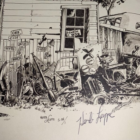 1984 Herb Leippe Handsigned Art Poster junkyard cars Santa Cruz sketch sepia - Picture 6 of 9